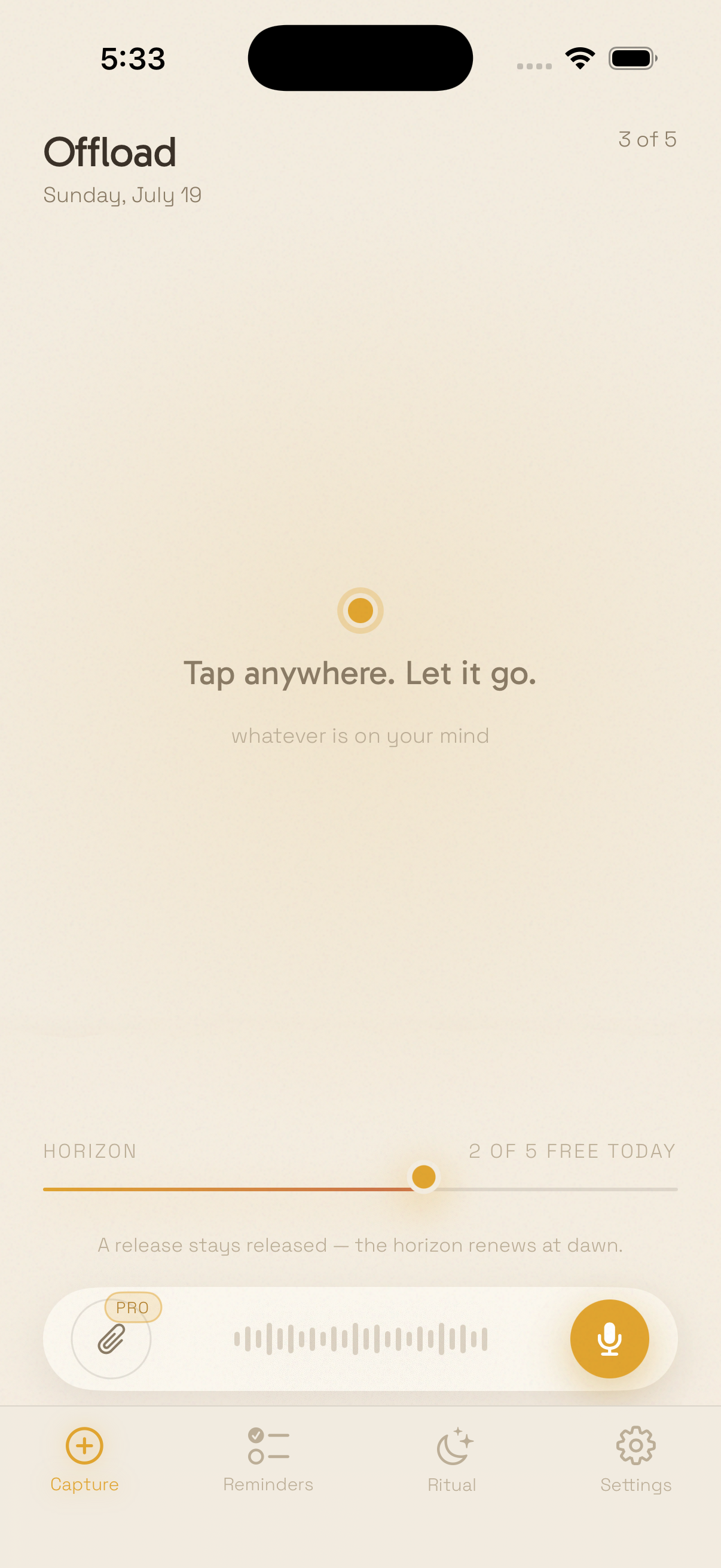 Offload capture screen — Tap anywhere. Let it go. Quota horizon shows 2 of 5 free today.