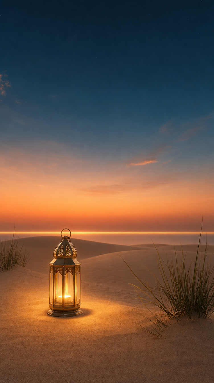 A lantern glowing on quiet dunes at dusk