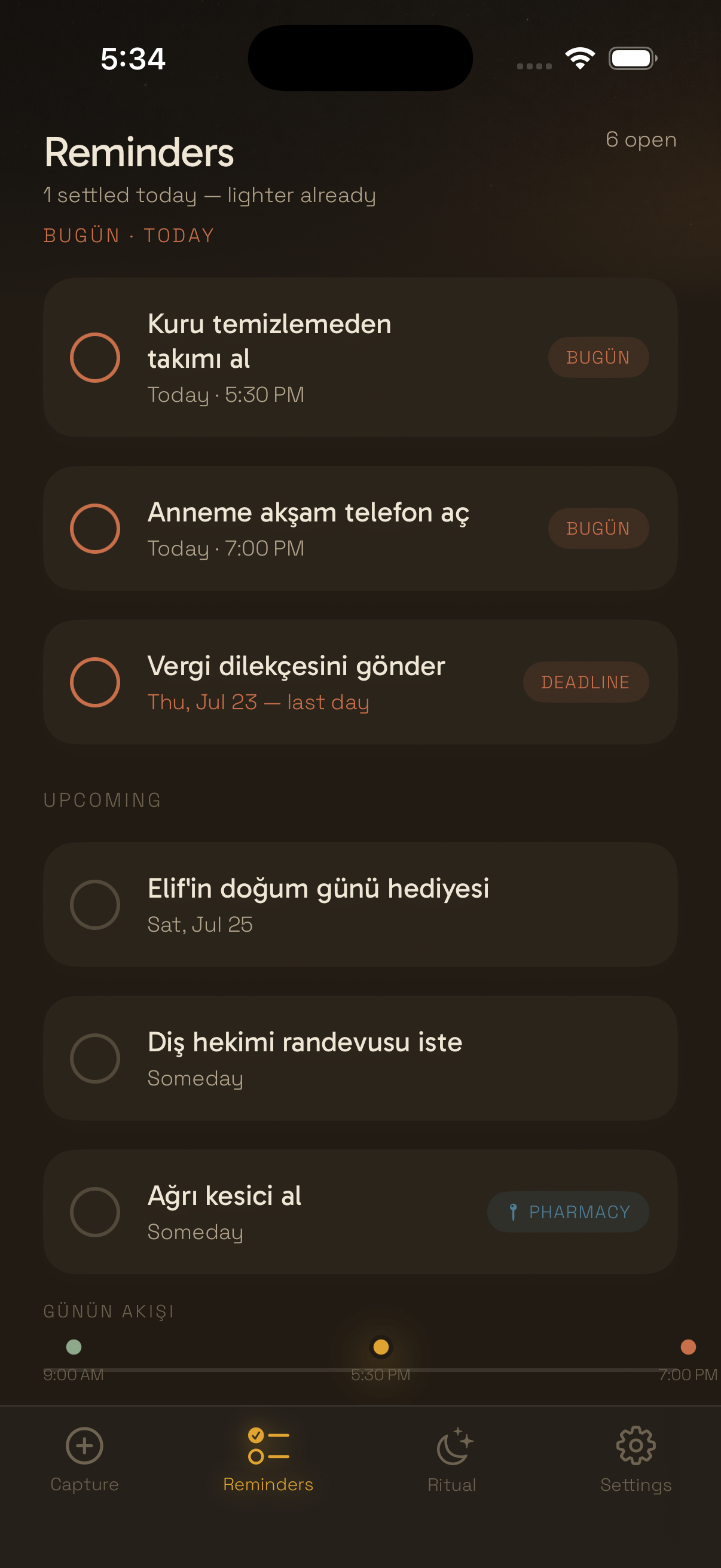 Offload reminders in dark mode with location chip