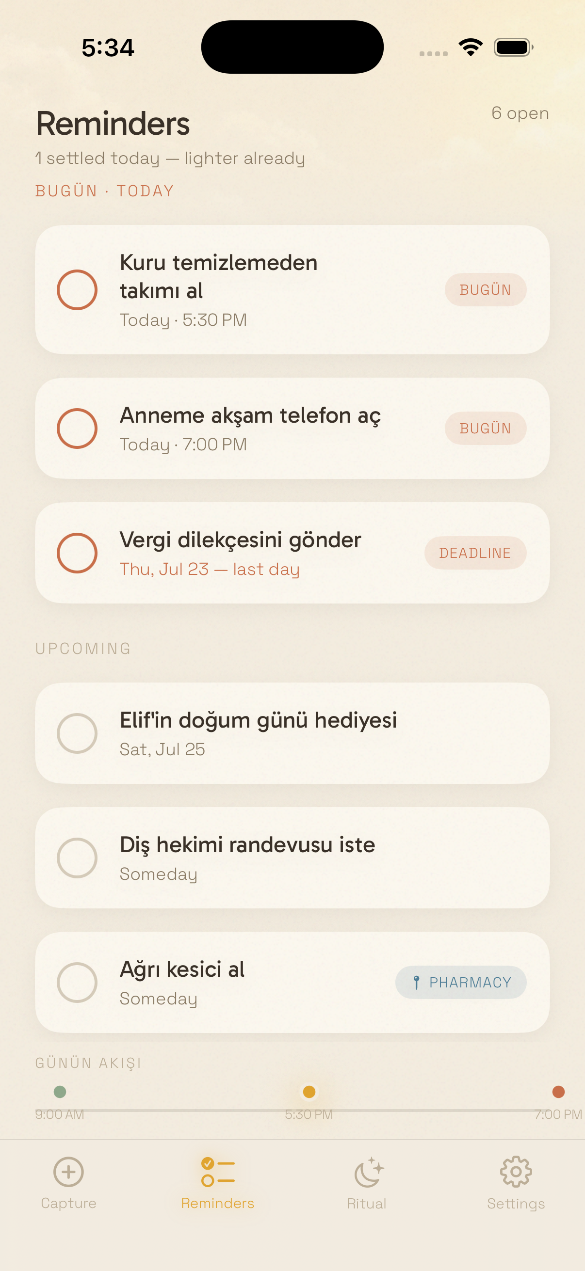 Reminders screen with a Pharmacy location chip