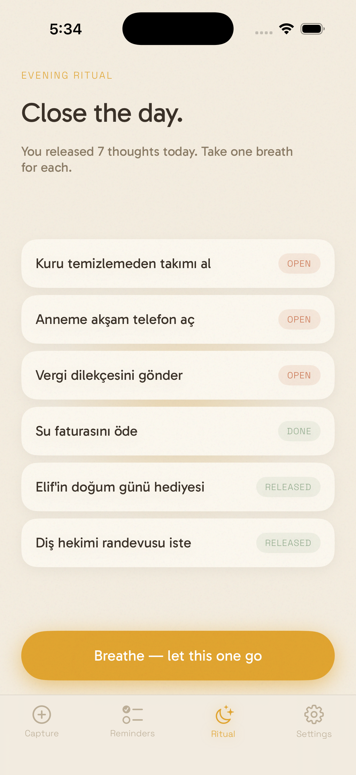 Evening ritual screen — close the day